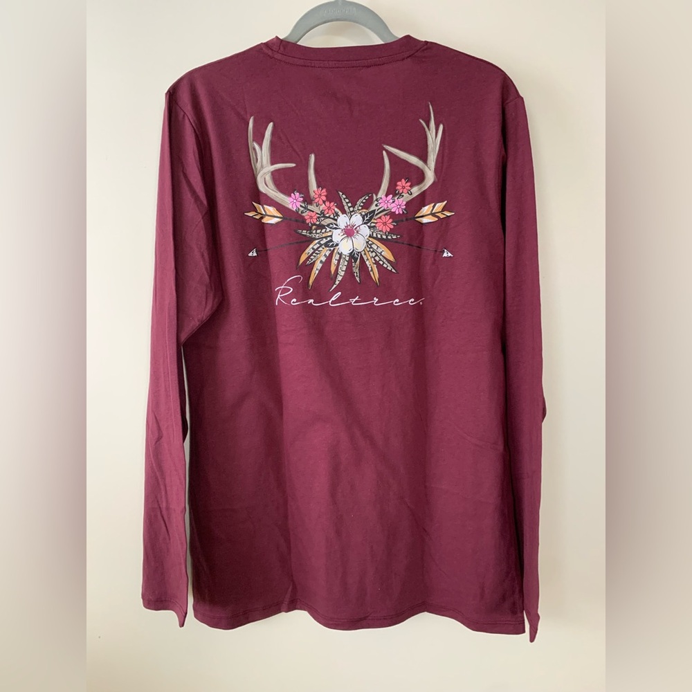 Realtree Maroon elk with flower Tee Shirt size S, M, XL, 2XL NWOT